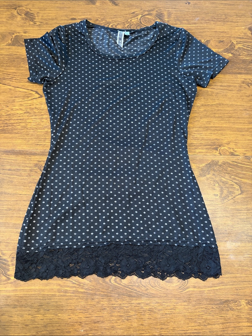 BKE Y2K Black Polka Dot Lace Trim Tunic Top Small